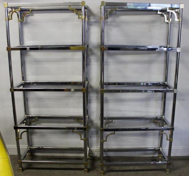 Appraisal: Pair Quality Brass and Chrome Etageres Chrome frame with brass