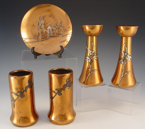 Appraisal: PC HEINTZ ART METAL VASES CANDLE STICKS AND TRAY -