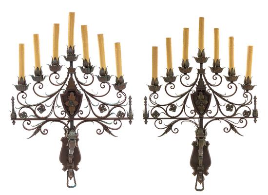 Appraisal: Sale Lot A Pair of Wrought Iron Seven-Light Sconces style