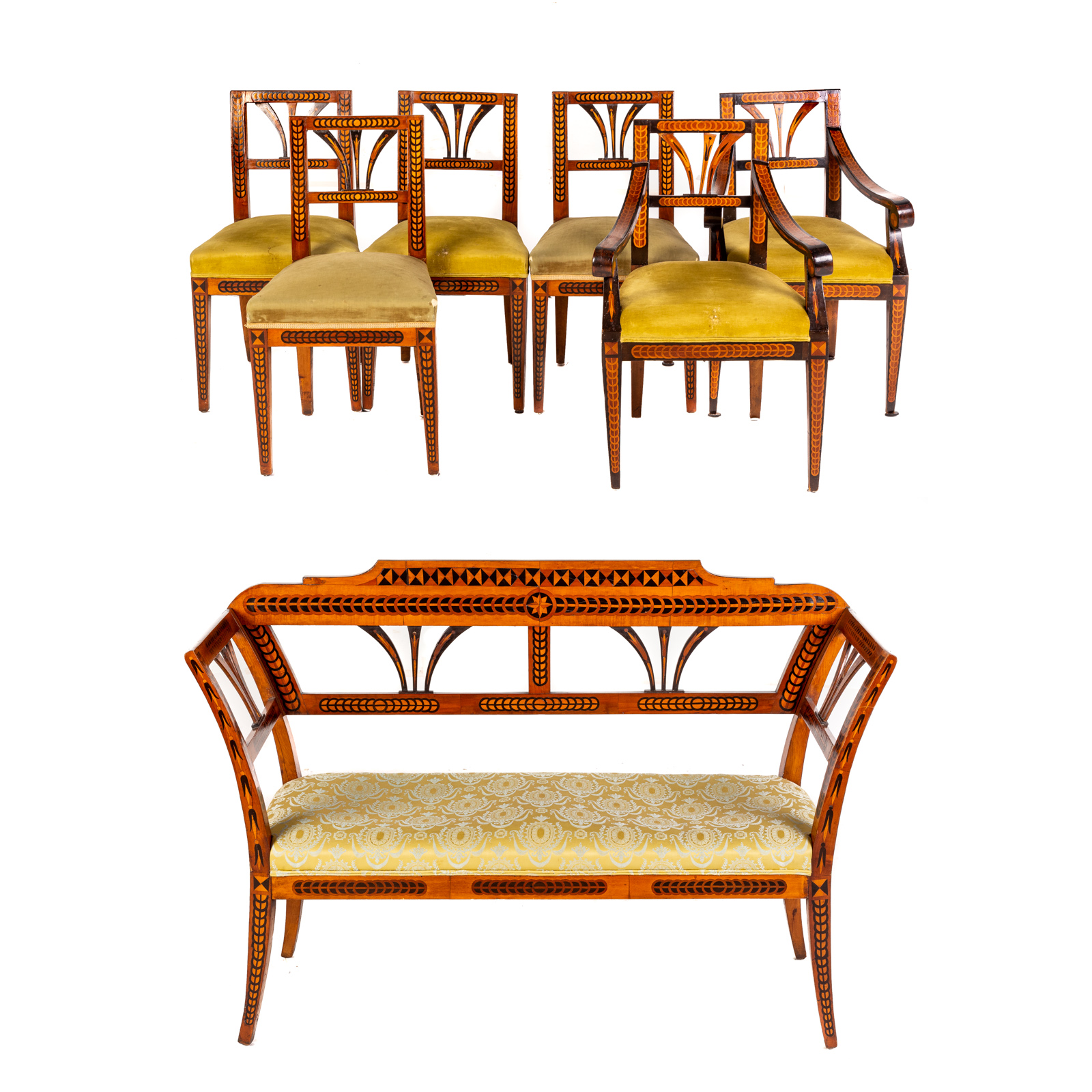 Appraisal: SEVEN PIECE BIEDERMEIER STYLE SALON SUITE Inlaid fruitwood comprising a