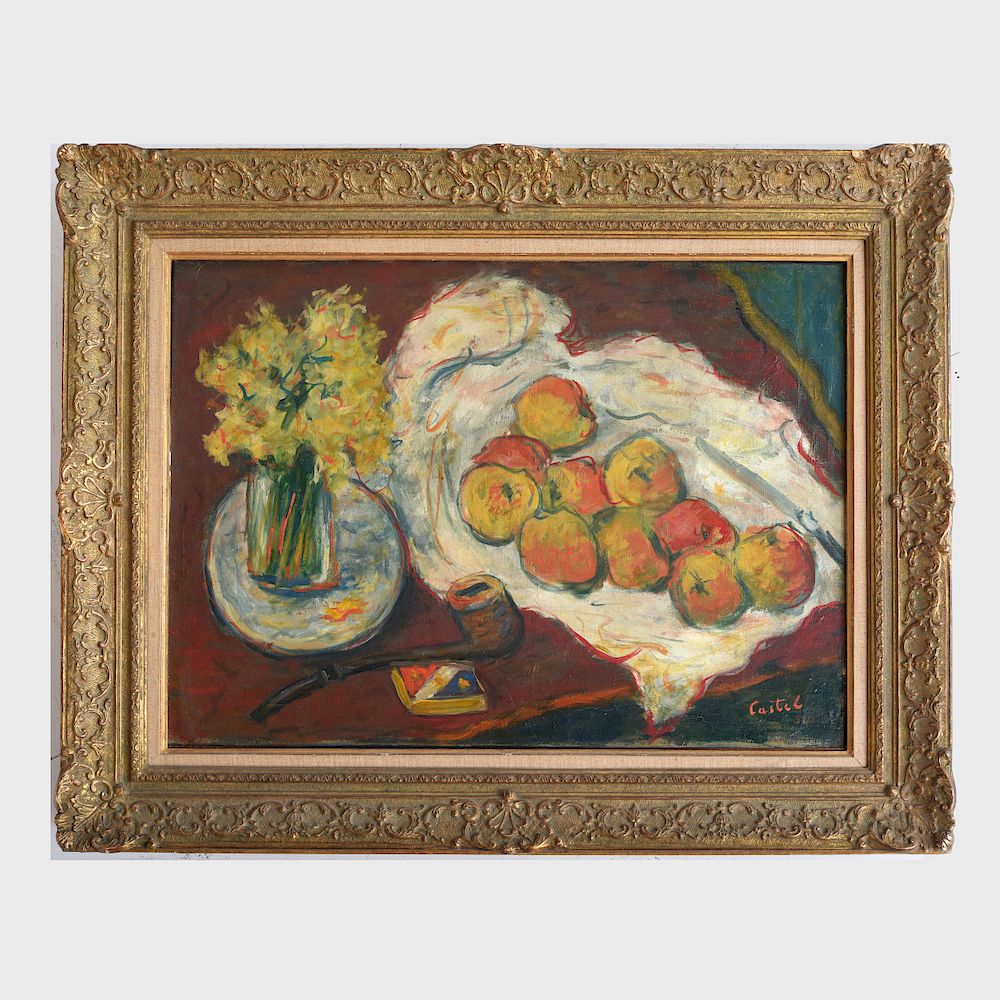 Appraisal: Moshe Castel - Still Life with Apples Flowers and Pipe