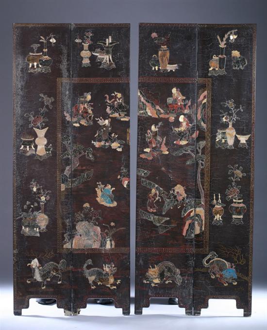 Appraisal: CHINESE FOUR-FOLD SCREEN Figural and floral filled vases with mother-of-pearl