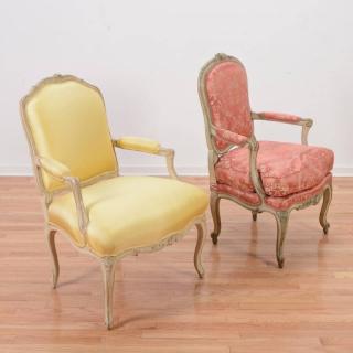 Appraisal: Louis XV paint decorated fauteuils th th c one upholstered