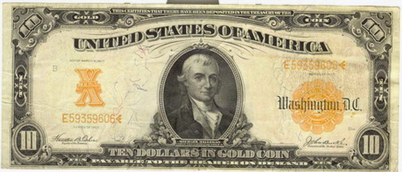 Appraisal: SERIES TEN DOLLAR U S GOLD CERTIFICATE very nice bill