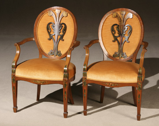 Appraisal: Pair of Edwardian Painted and Decorated Satinwood Armchairs Early th