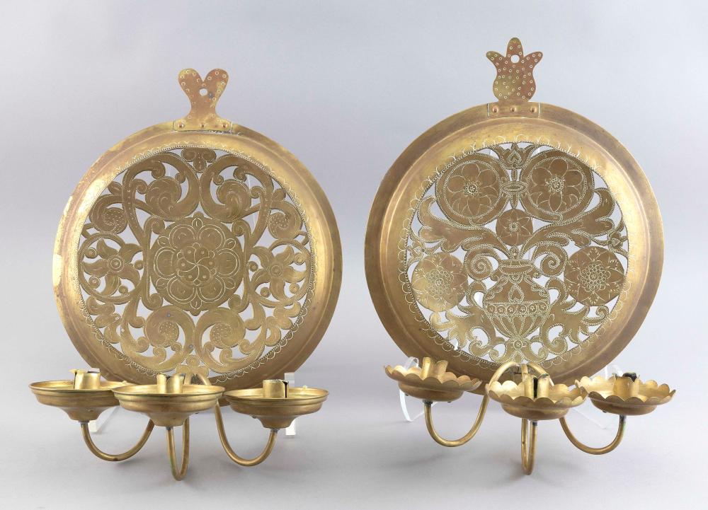 Appraisal: TWO CONTINENTAL ENGRAVED BRASS TRIPLE SCONCES TH CENTURY HEIGHTS WIDTHS