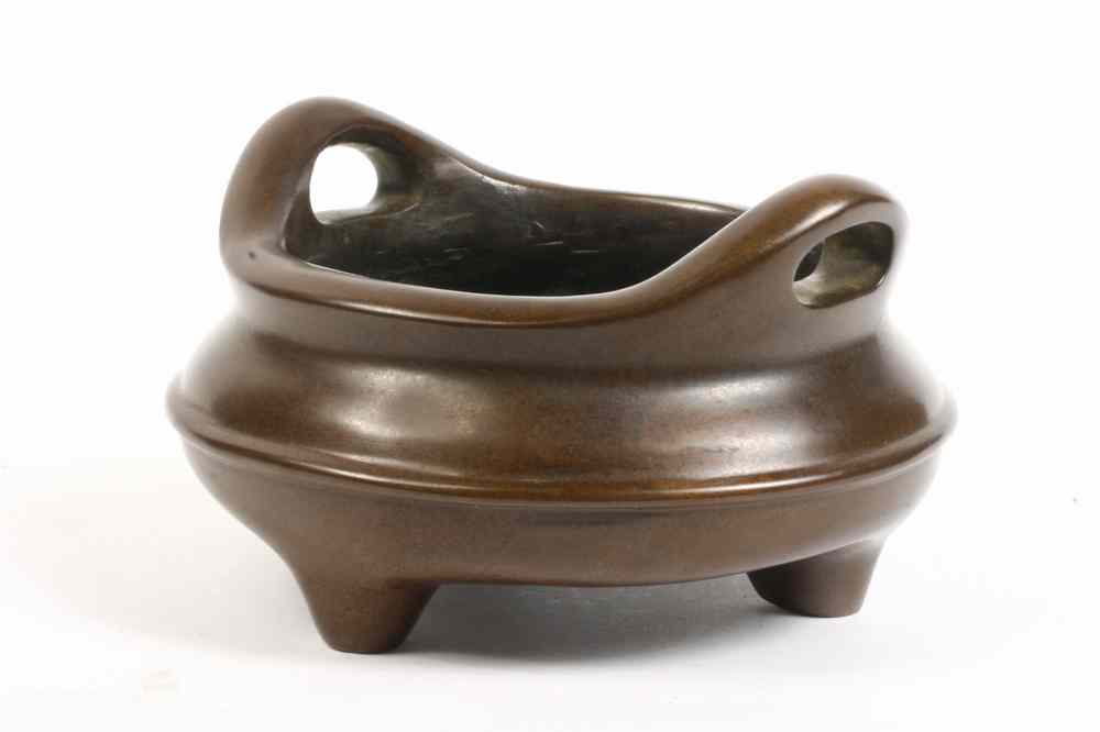 Appraisal: CHINESE BRONZE CENSER - Round Three-Footed Chinese Bronze Censer with