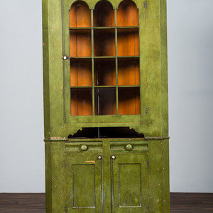 Appraisal: A Federal Green-Painted Pine and Poplar Corner Cupboard Ohio or