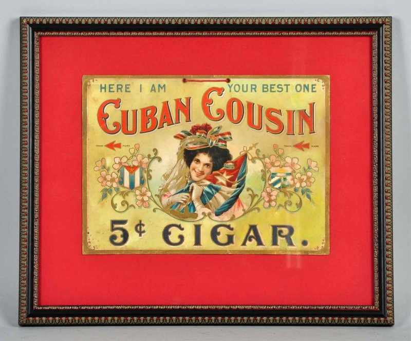 Appraisal: Cuban Cousin Hanging Sign Description Beautiful image of cardboard Cigar