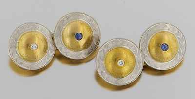 Appraisal: A Pair of Two Tone Gold Diamond and Sapphire Cufflinks