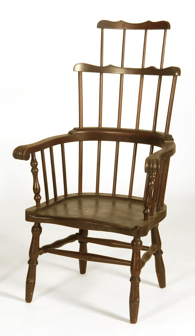 Appraisal: REPRODUCTION TWO-TIER FANBACK CONTINUOUS-ARM WINDSOR CHAIR With plank seat Unmarked