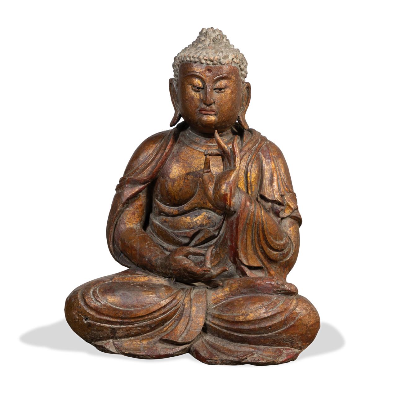 Appraisal: LARGE TIBETAN CARVED WOOD SEATED BUDDHA Large Tibetan carved wood