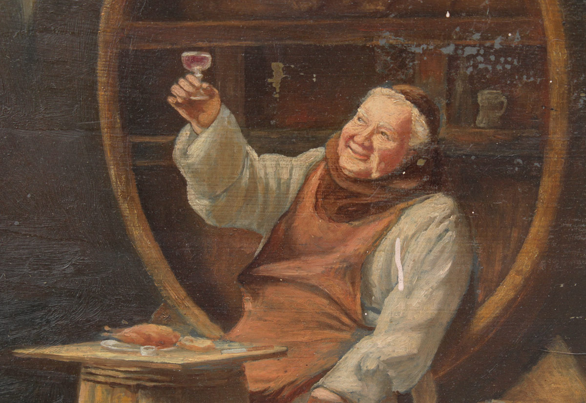 Appraisal: MONK IN THE WINE CELLAR PAINTING Probably Late th or