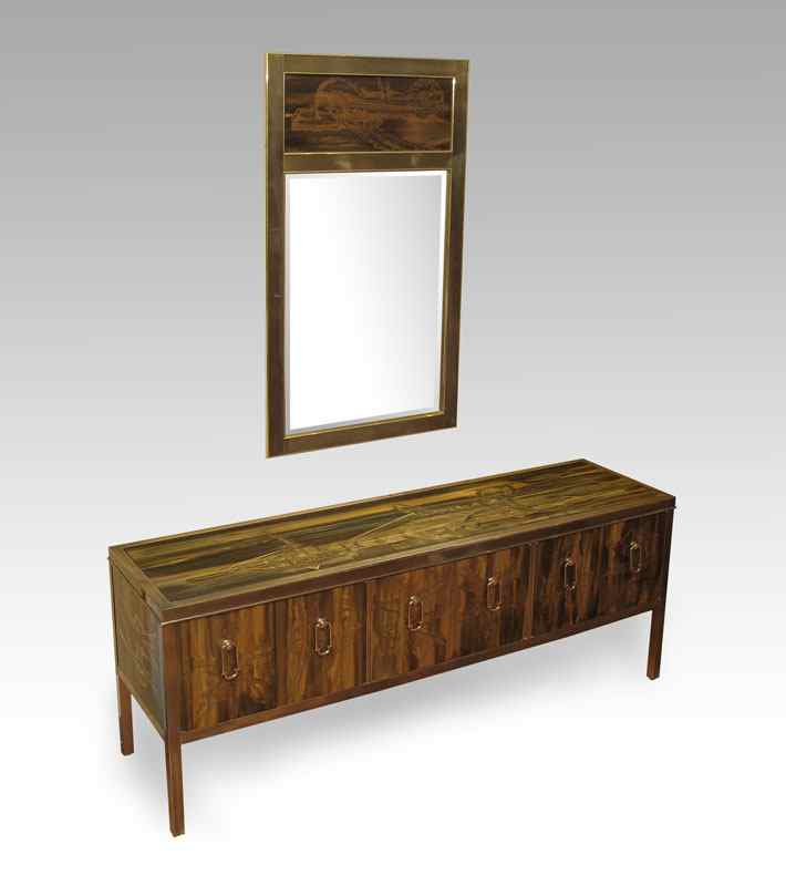 Appraisal: BERNARD ROHNE MASTERCRAFT BRASS SIDEBOARD AND MIRROR Abstract etched designs