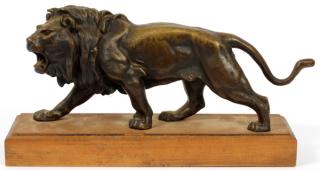 Appraisal: BRONZE WALKING LION ON WOOD BASE BRONZE WALKING LION ON