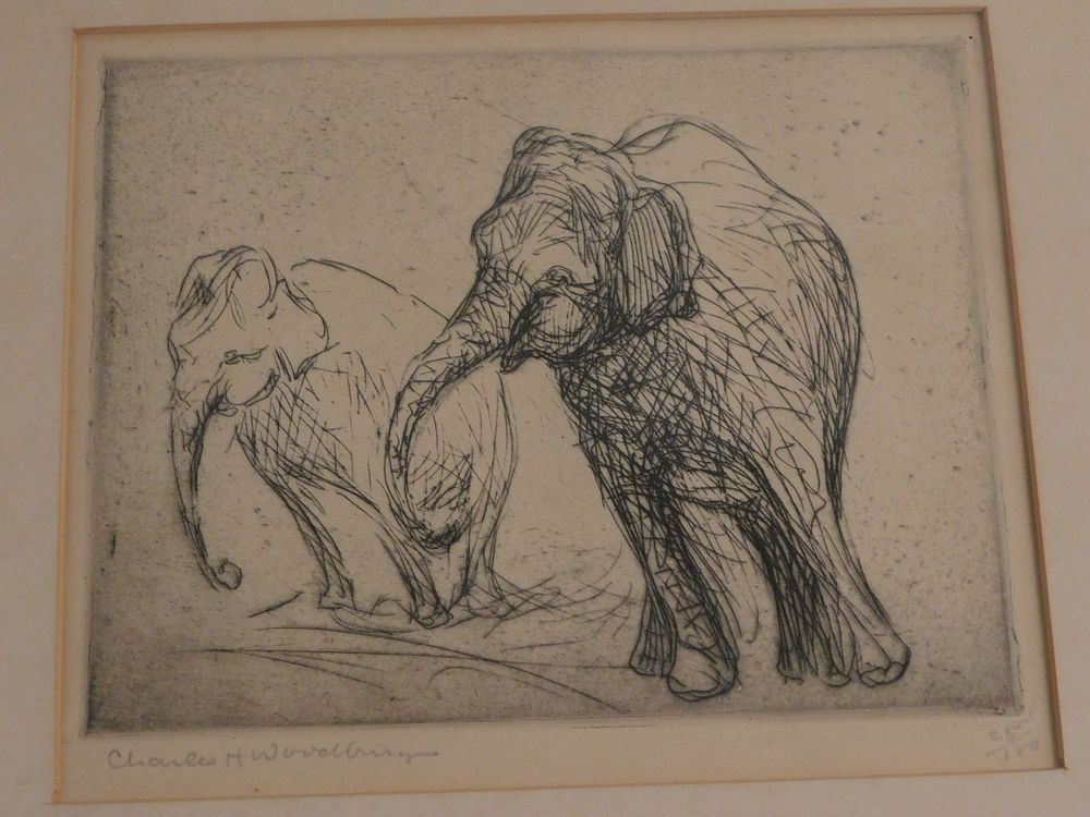 Appraisal: CHARLES WOODBURY ETCHING - ELEPHANTS Old etching of elepants signed