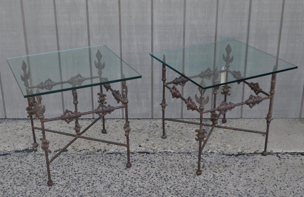 Appraisal: Pair Etruscan Style Glass Top Cast Iron Low Tables varying