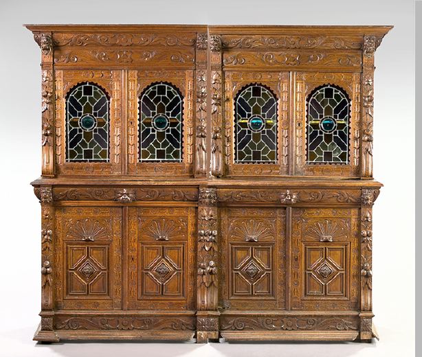 Appraisal: Pair of Leaded and Stained Glass-Mounted Oak and Quarter-Sawn Oak