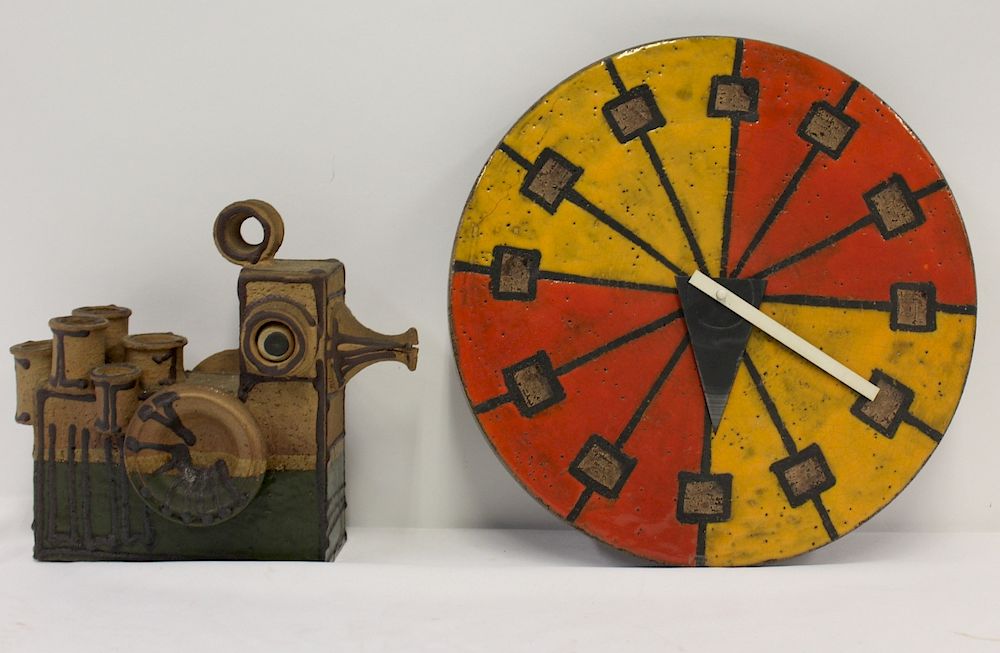 Appraisal: MIDCENTURY Italian Glazed Pottery Clock Together With a Signed Danish