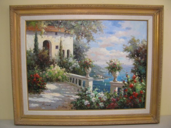 Appraisal: Large oil on canvas painting signed Richard Balcony covered in