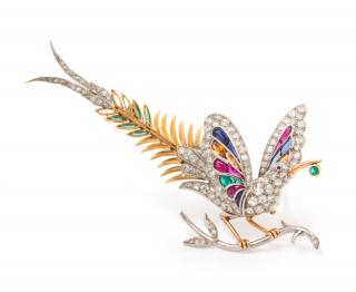 Appraisal: A Platinum Yellow Gold Diamond Multigem and Enamel Exotic Bird