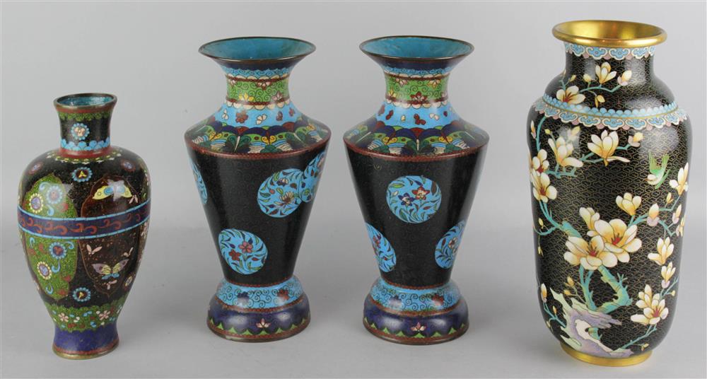 Appraisal: A PAIR OF JAPANESE CLOISONNE ENAMEL VASES with angular shoulders