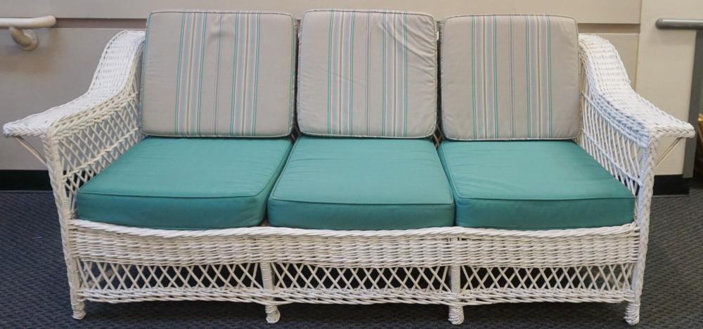 Appraisal: White Painted Wicker Sofa Pair Armchairs and Round Table