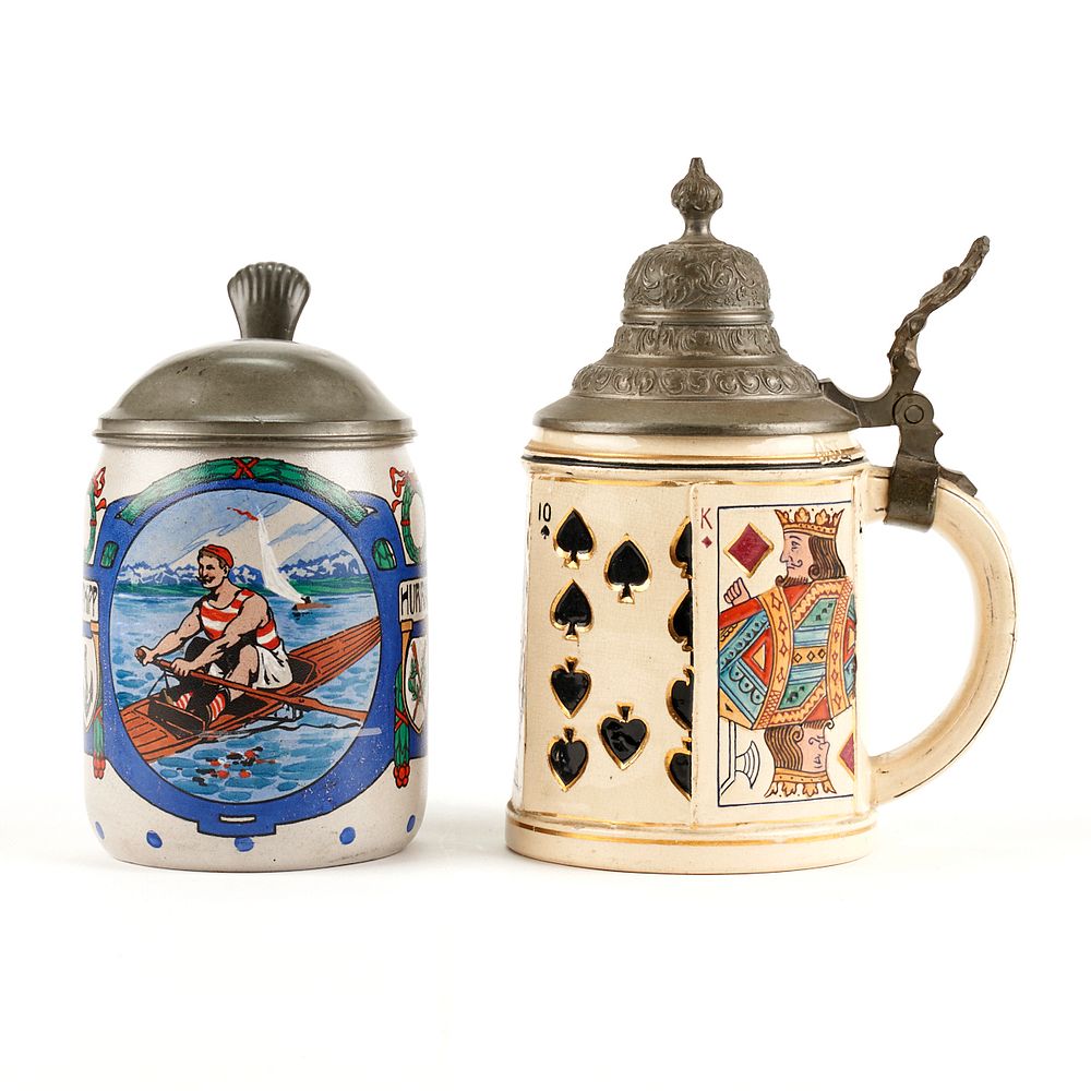 Appraisal: Grp German Antique Pottery Steins - Rowing Man House of