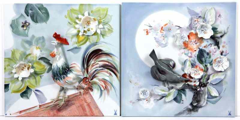 Appraisal: Pair of Meissen Porcelain Plaquessquare plaque with applied porcelain birds