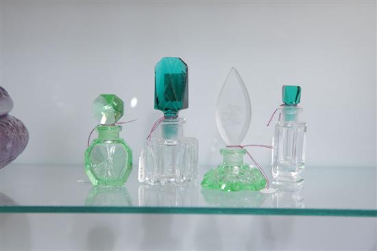 Appraisal: FOUR CZECH GREEN GLASS MINIATURE PERFUME BOTTLES In lime green