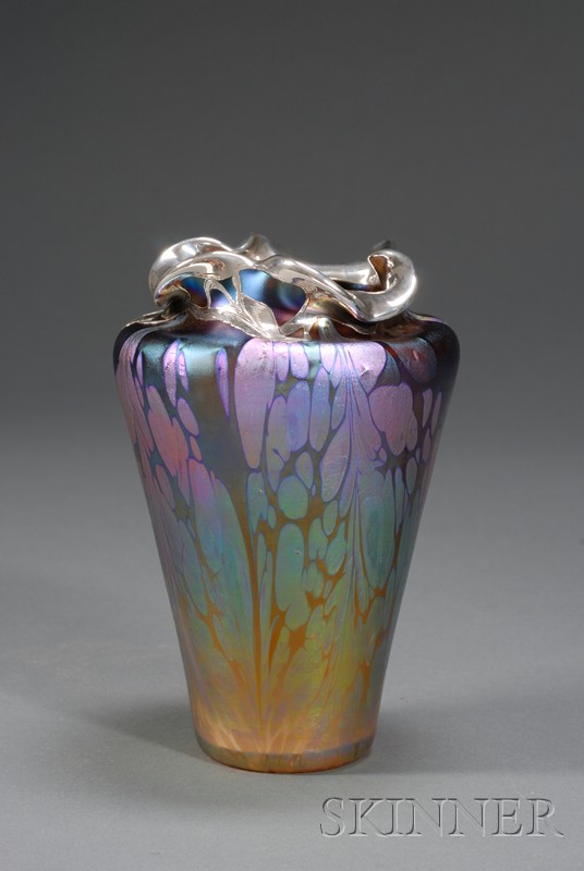 Appraisal: Art Nouveau Silver Mounted Iridescent Vase Art glass and silver