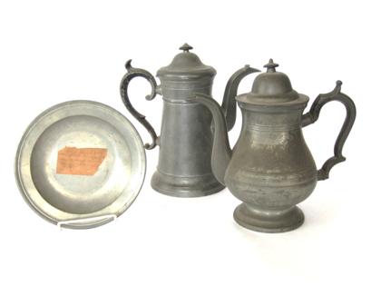 Appraisal: Two pewter coffee pots and a pewter plate th century