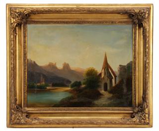 Appraisal: British School Lakeside Chapels Oil on Canvas British School th