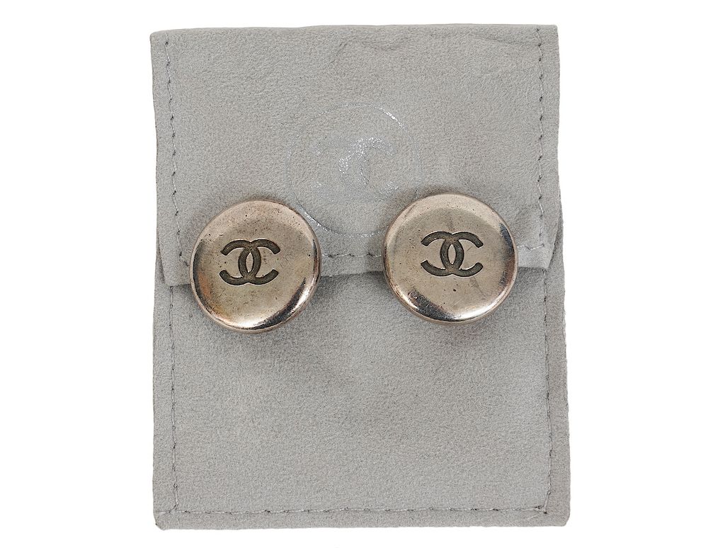 Appraisal: Chanel Silver Tone CC Button Clip On Earrings These Chanel