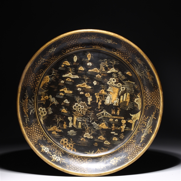 Appraisal: Chinese gilt lacquer charger with figures and flowers to surface