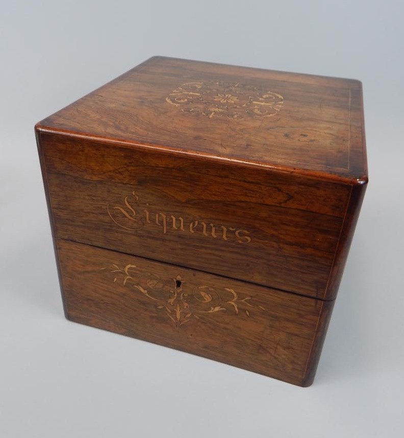 Appraisal: A late thC rosewood and marquetry liqueur box the square