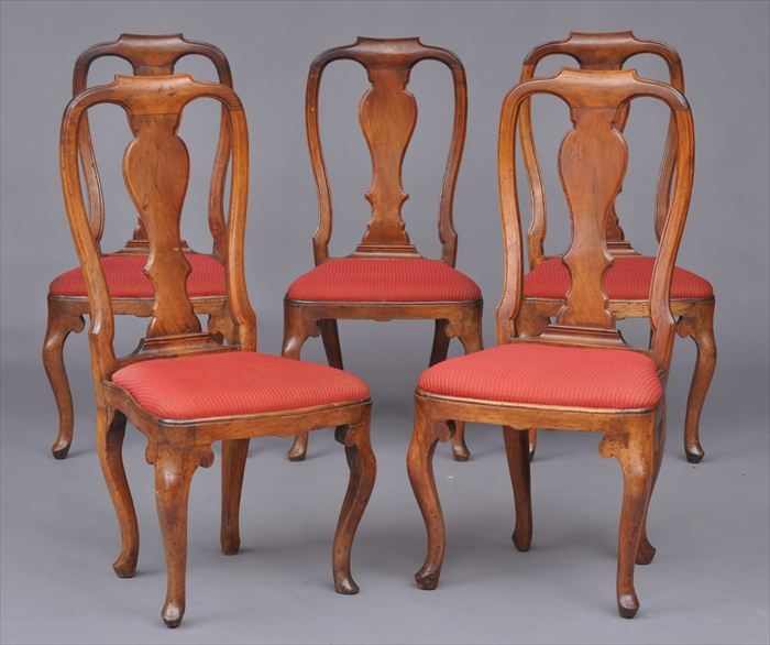 Appraisal: AN ASSEMBLED SET OF FIVE ITALIAN WALNUT SIDE CHAIRS Each