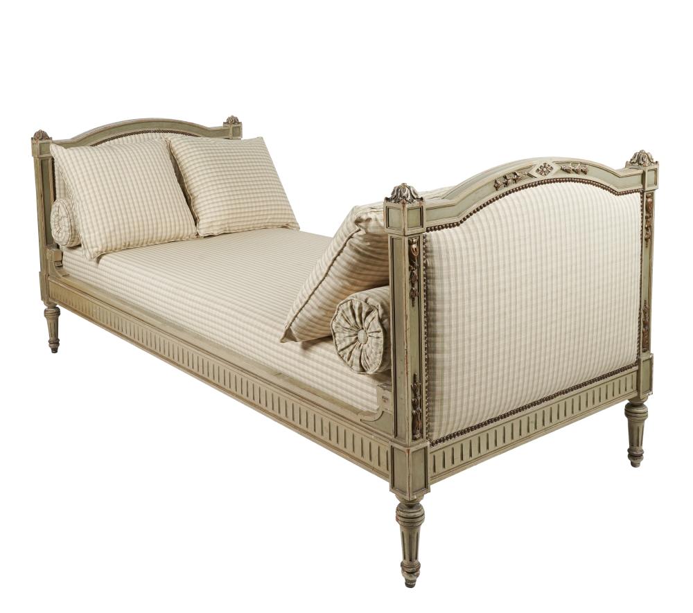 Appraisal: NEOCLASSIC PAINTED WOOD DAYBEDcovered with green and cream checked cotton