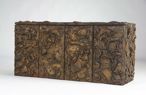 Appraisal: PAUL EVANS Sculpted Bronze wall-hanging cabinet with inset slate panel