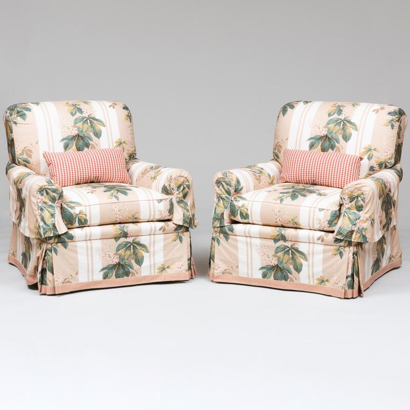 Appraisal: Pair of Large Floral Cotton Upholstered Club Chairs With two