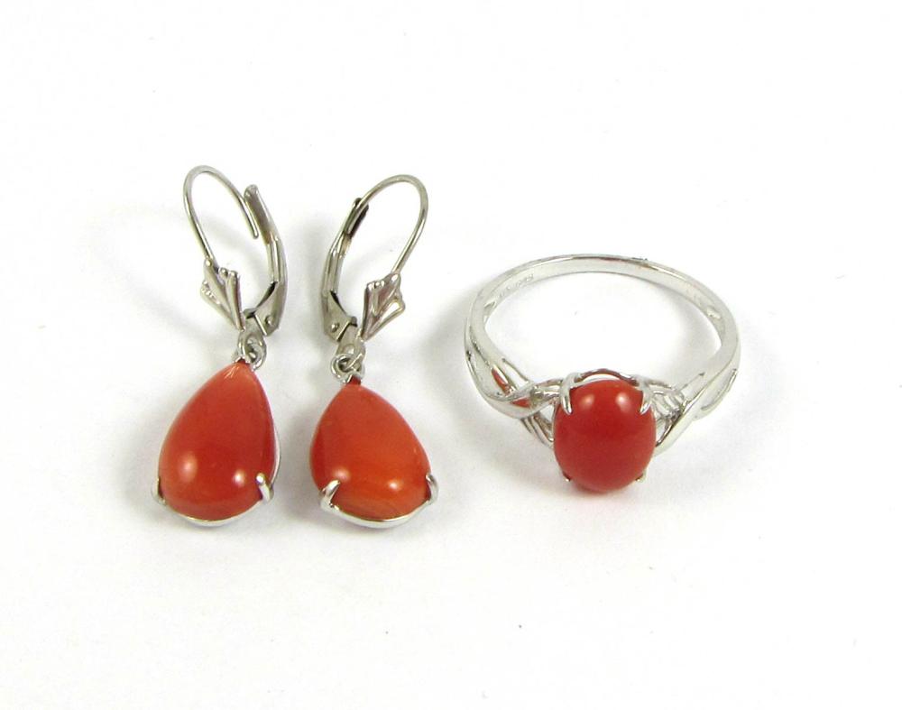 Appraisal: CORAL AND FOURTEEN KARAT GOLD RING AND EARRINGS The k