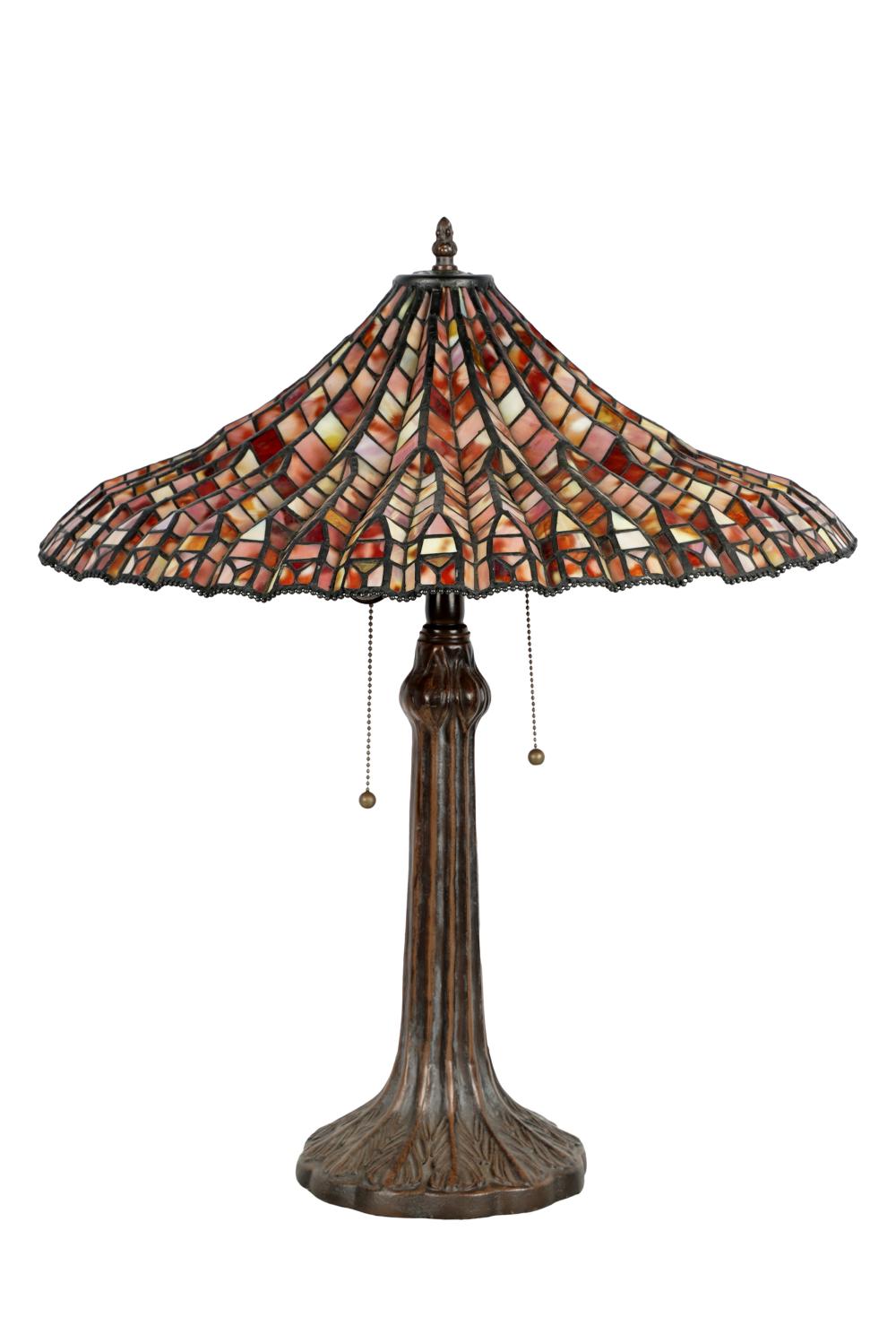 Appraisal: TIFFANY-STYLE PATINATED METAL GLASS TABLE LAMP st century with Made