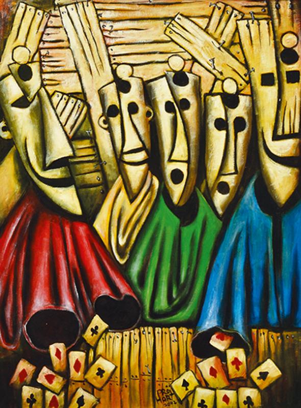 Appraisal: PRO HART - Card Players Masks oil on canvas signed