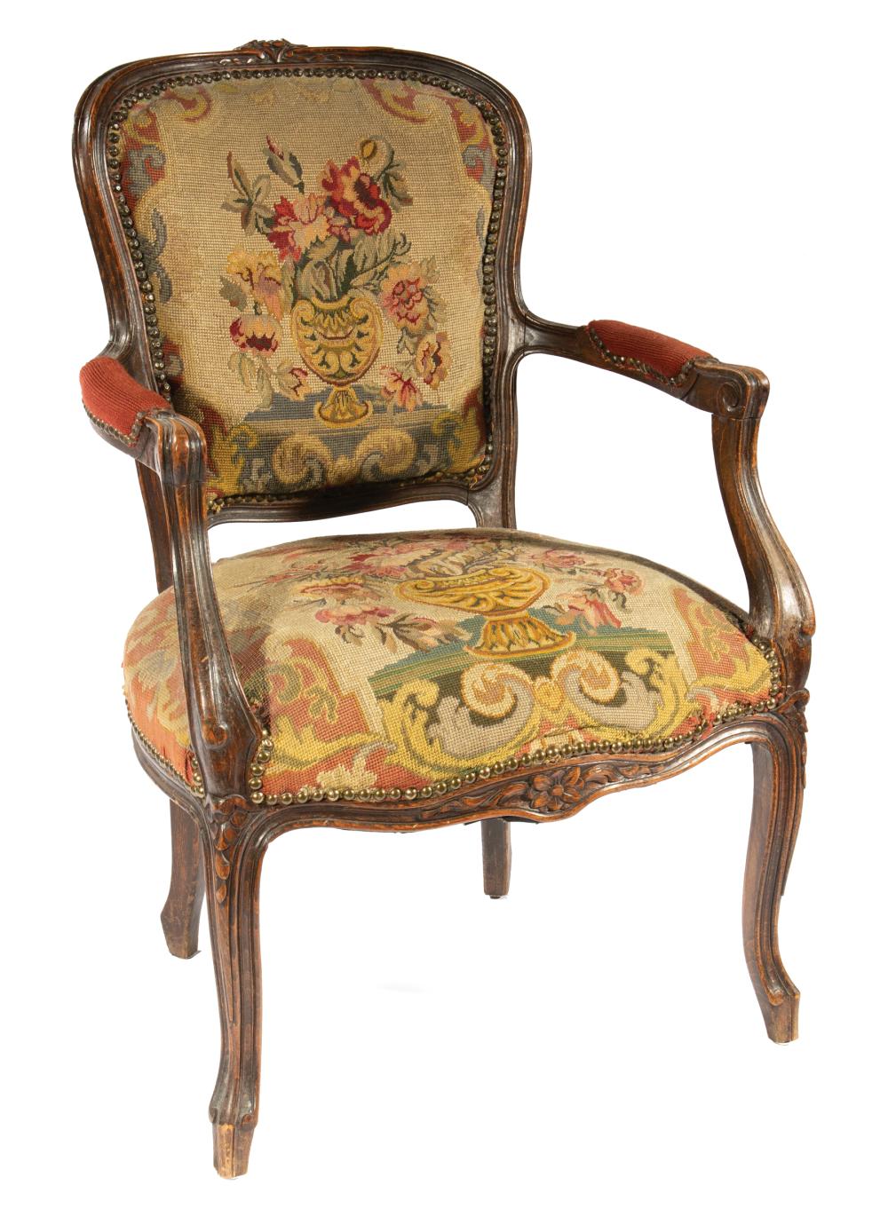 Appraisal: Antique Louis XV-Style Carved Walnut Fauteuil th c floral carved