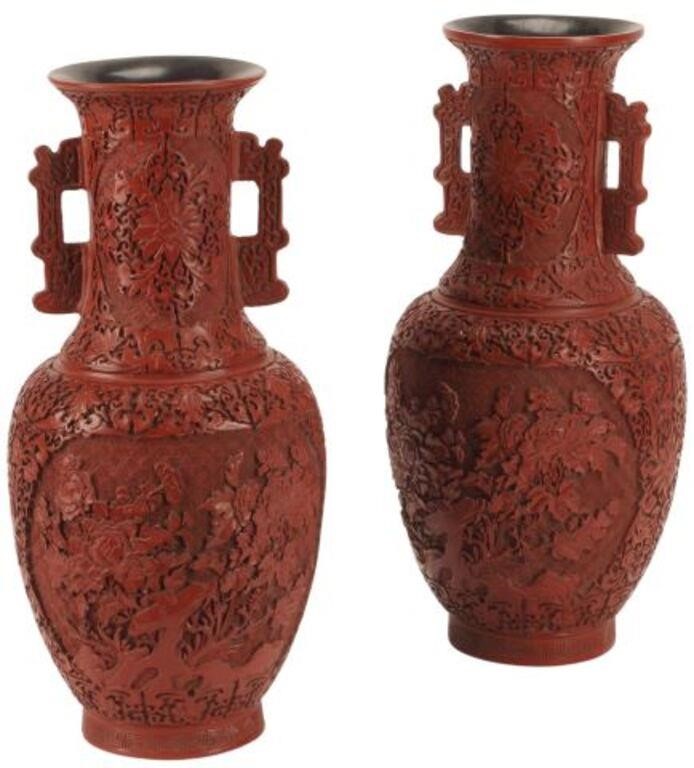 Appraisal: CHINESE CINNABAR HANDLED VASES pair Chinese cinnabar handled vases approx