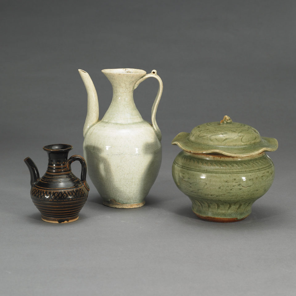 Appraisal: Three Ceramic Vessels Includes a celadon ewer a Yaozhou pot