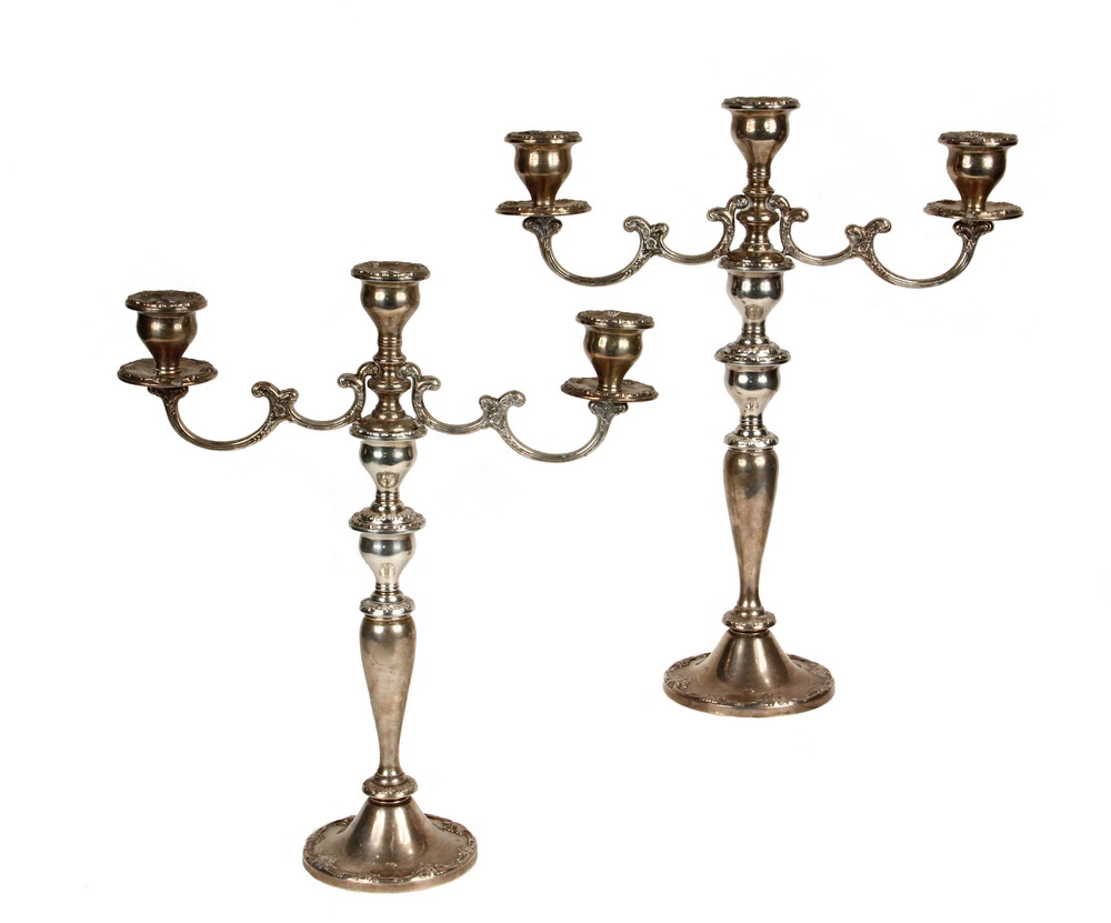 Appraisal: PAIR OF STERLING CANDELABRUM - Gorham Sterling Three-Stem Candelabrum style