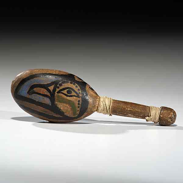 Appraisal: Nuu-chah-nulth Wooden Rattle assembled of two pieces and painted with