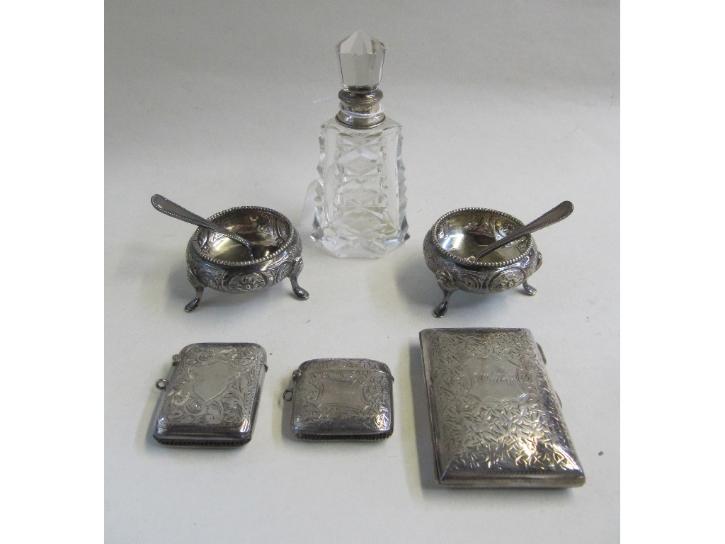 Appraisal: Lot comprising silver mounted scent bottle pair of silver salts