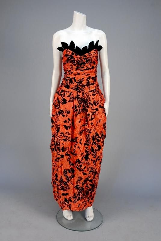 Appraisal: TAN GIUDICELLI STRAPLESS EVENING DRESS s Orange and black abstract